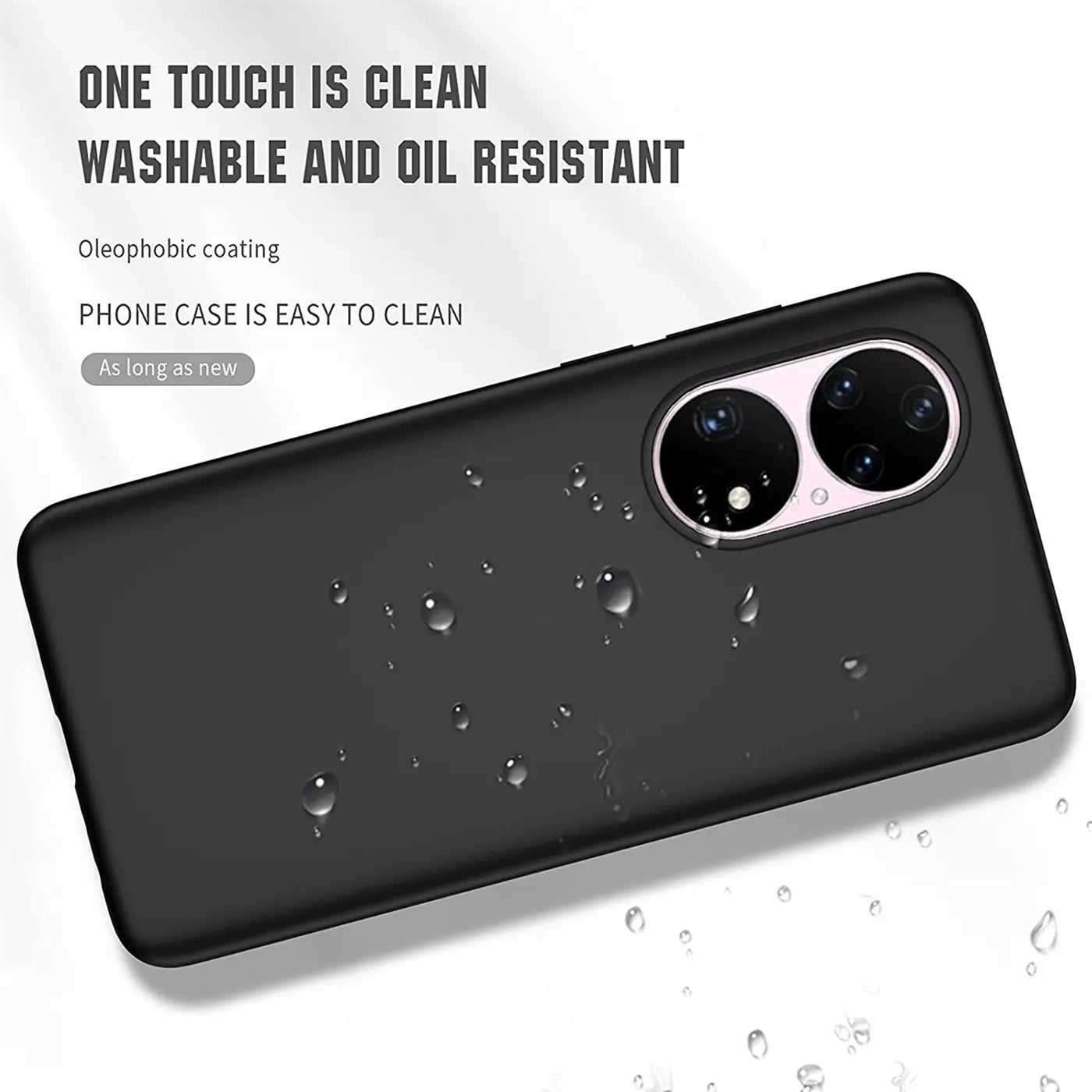 Schwarze Silikonhülle für Huawei P50 Pro, von hinten, matt, mit Wassertropfen.