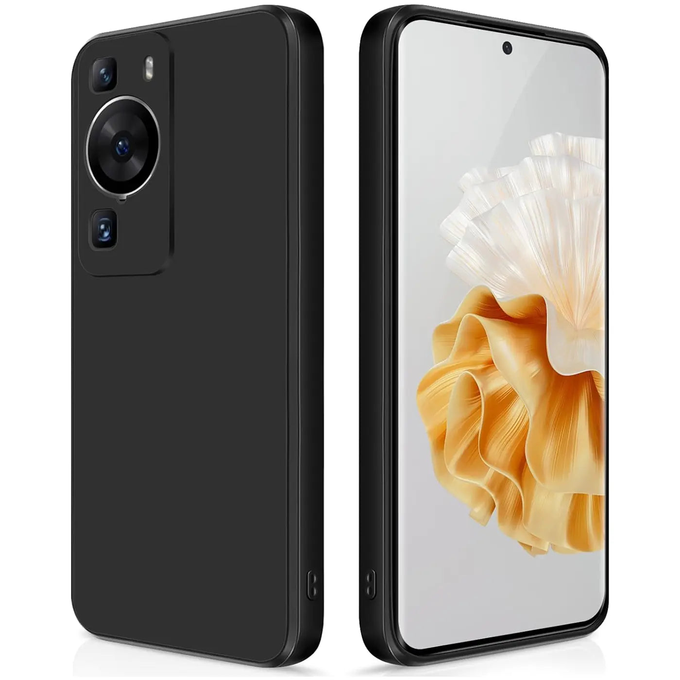 Schwarze Silikonhülle für Huawei P60 Pro, Rück- und Vorderansicht. Matt.