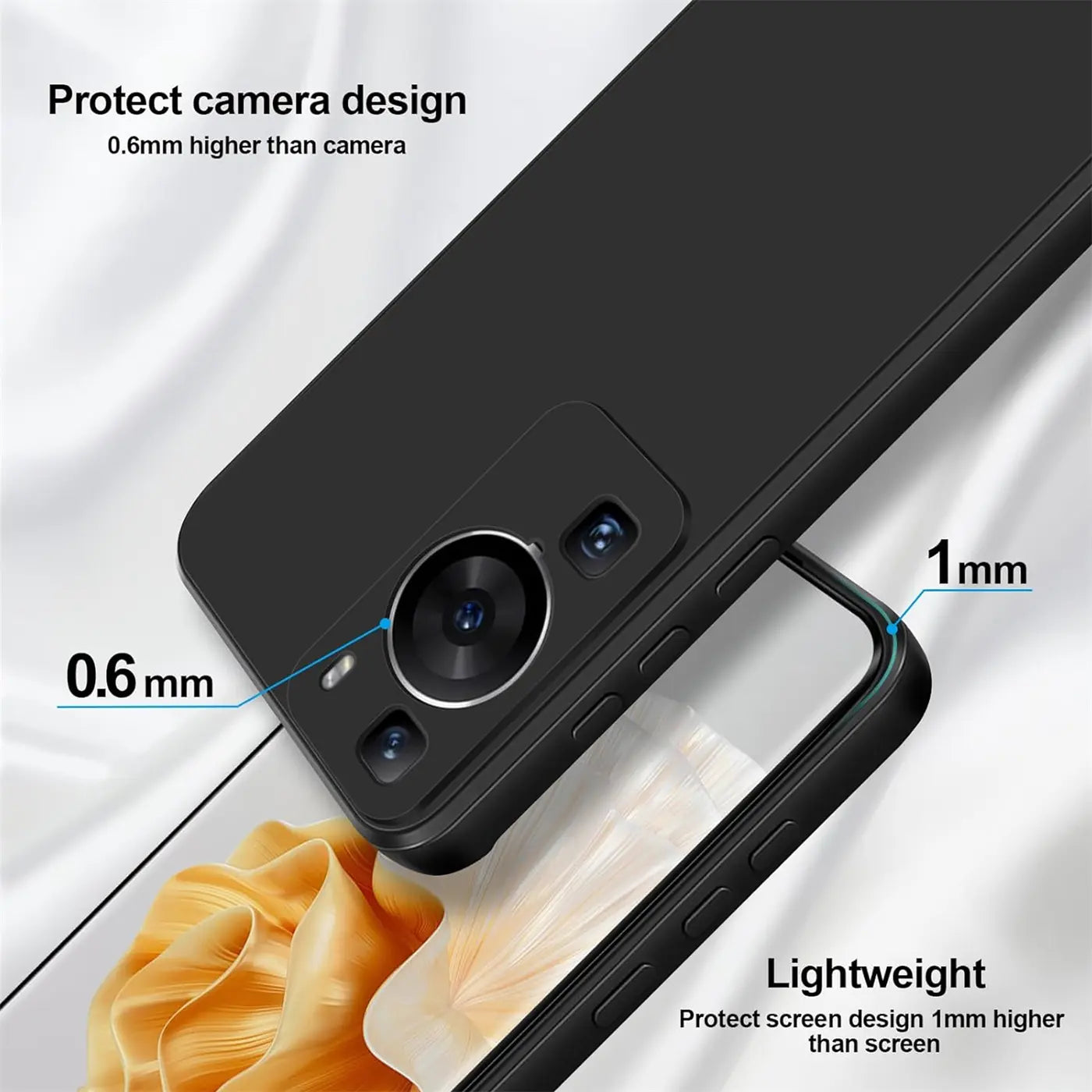 Schwarze Silikonhülle für Huawei P60 Pro, matt, Nahaufnahme, Rückseite mit Kamera.