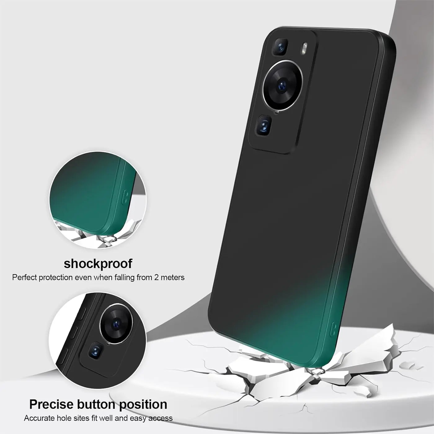 Schwarze, matte Silikonhülle mit Farbverlauf, von schräg hinten auf einem Huawei P60 Pro.
