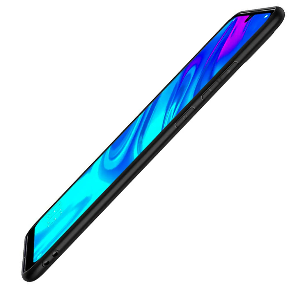 Schwarze Silikonhülle für Huawei P Smart 2019, von schräg oben fotografiert.