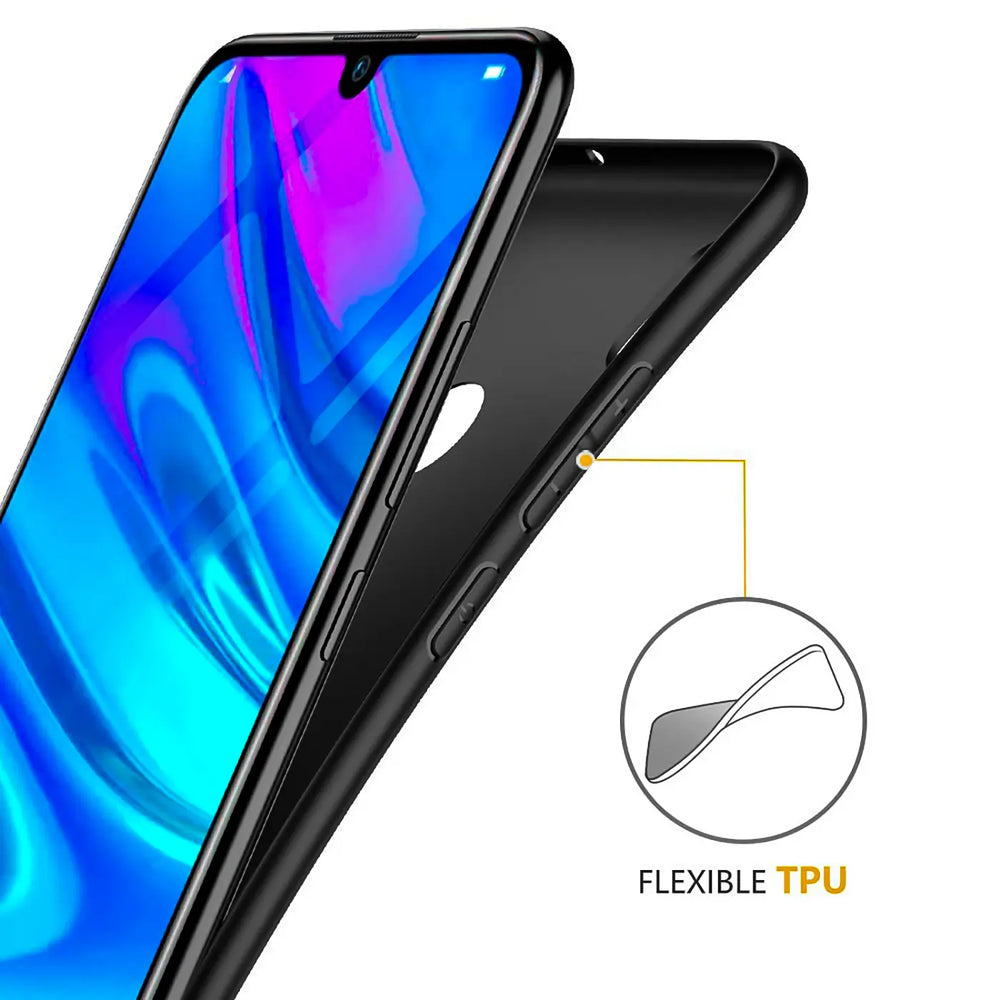 Schwarze, matte Silikonhülle für Huawei P Smart 2019, Seitenansicht.
