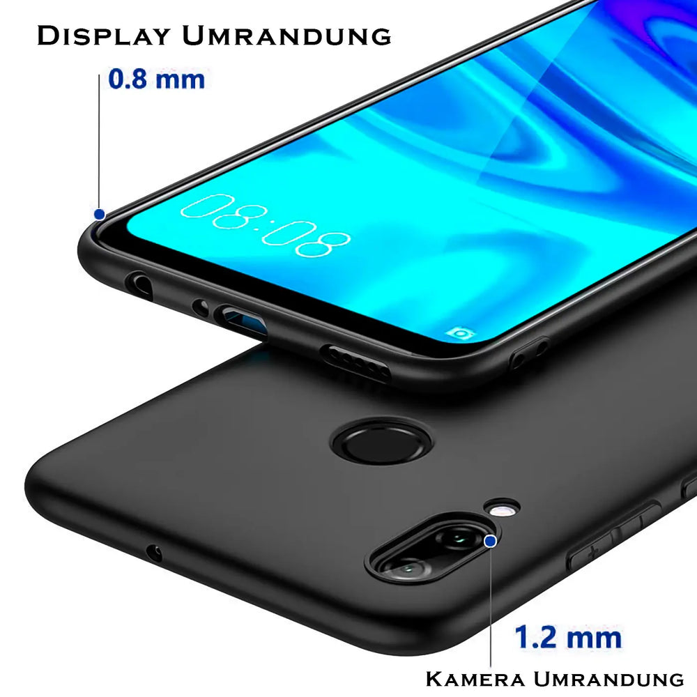 Schwarze Silikonhülle für Huawei P Smart 2019, von oben/seitlich gezeigt.