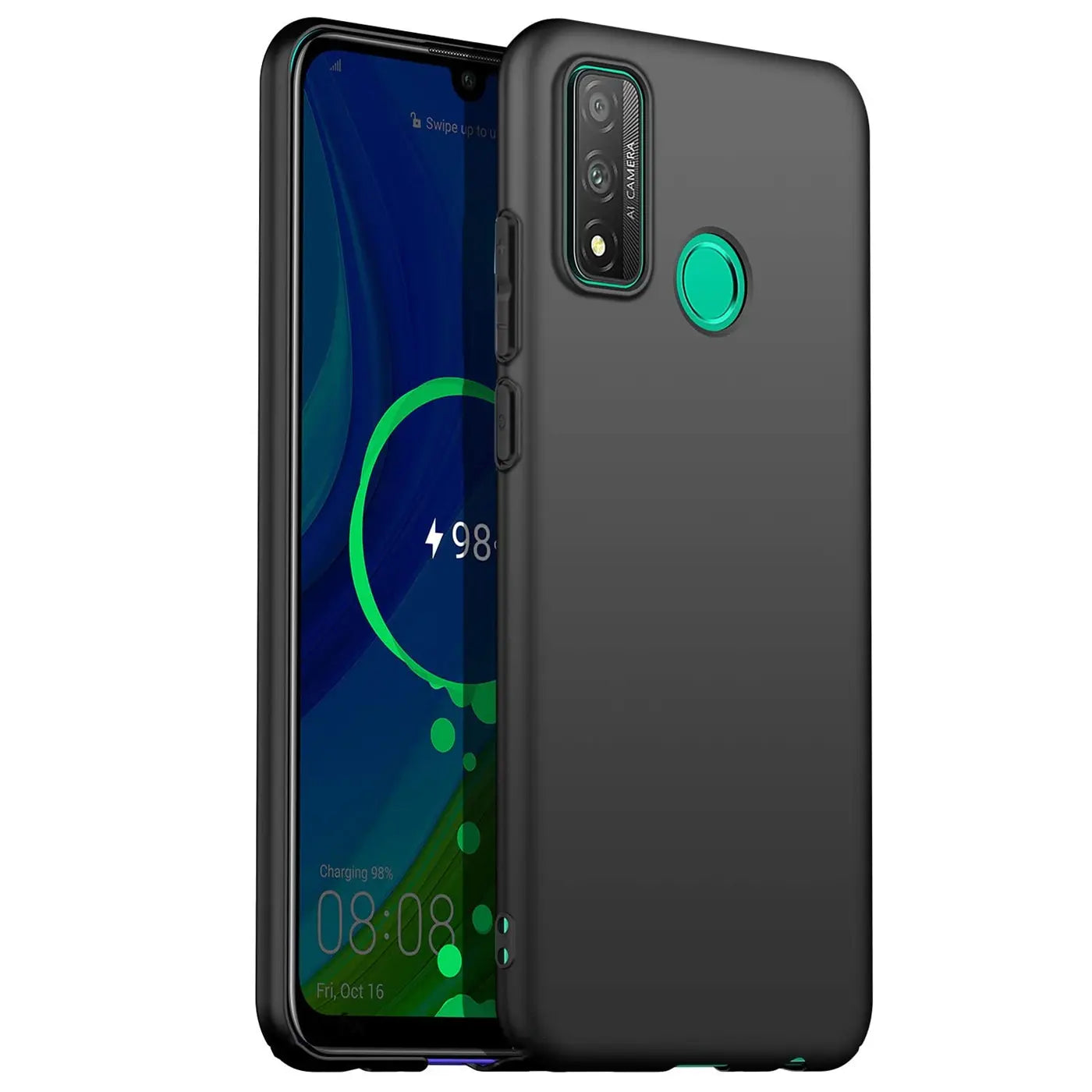 Schwarze Silikonhülle matt, von vorne schräg, mit Huawei P Smart 2020.