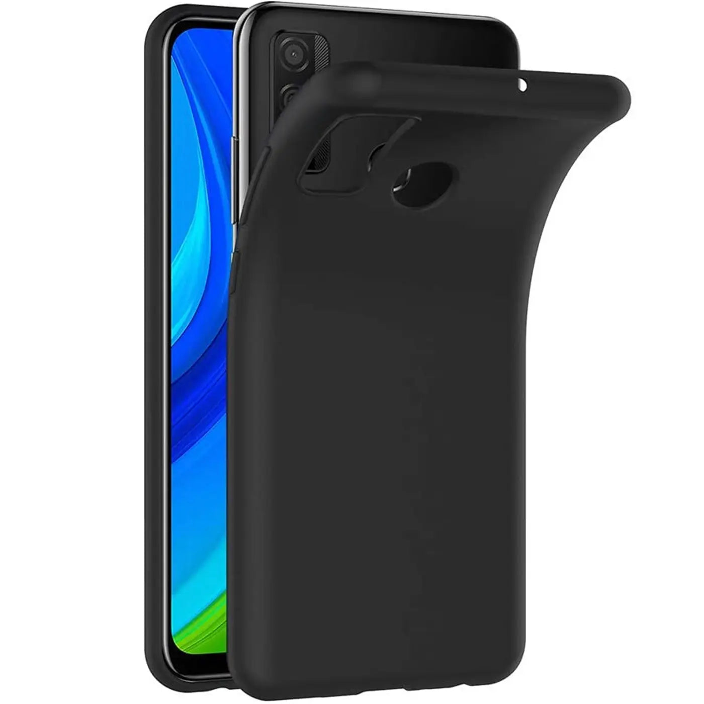 Schwarze Silikonhülle wird auf Huawei P Smart 2020 aufgesetzt, Seitenansicht.