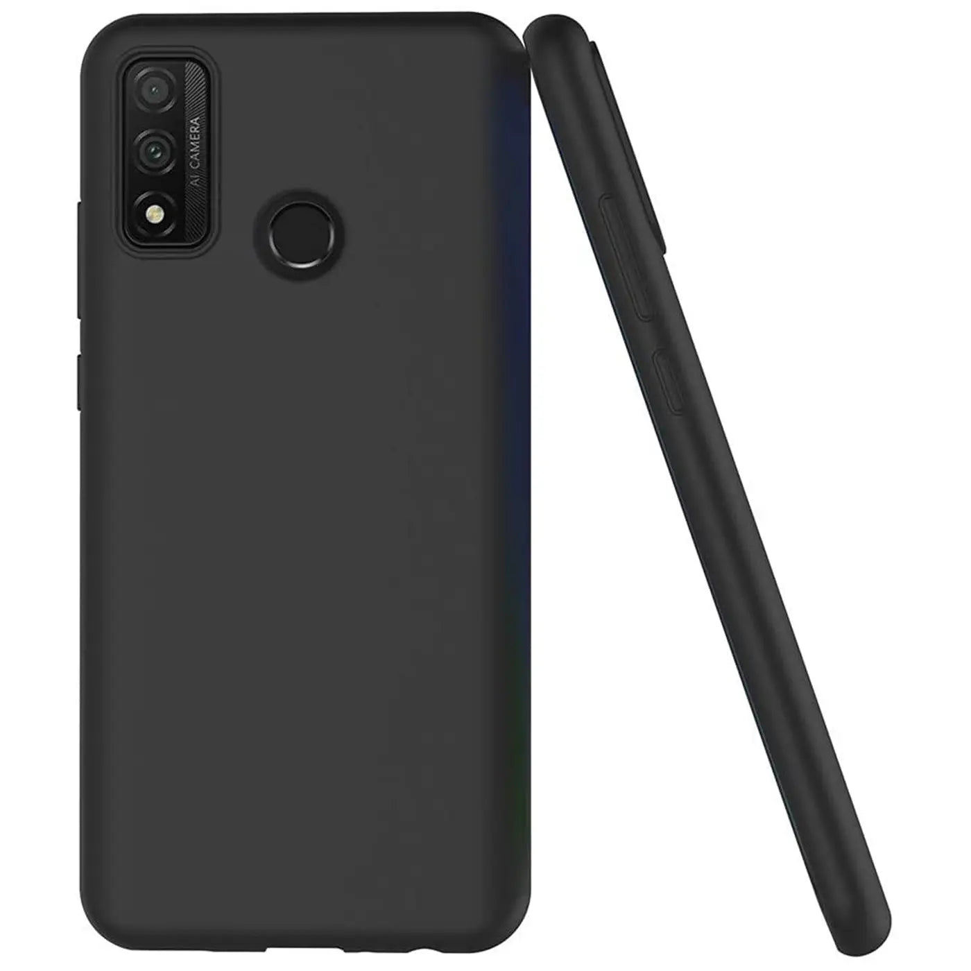 Schwarze matte Silikonhülle für Huawei P Smart 2020, Rückseite und Seitenansicht.