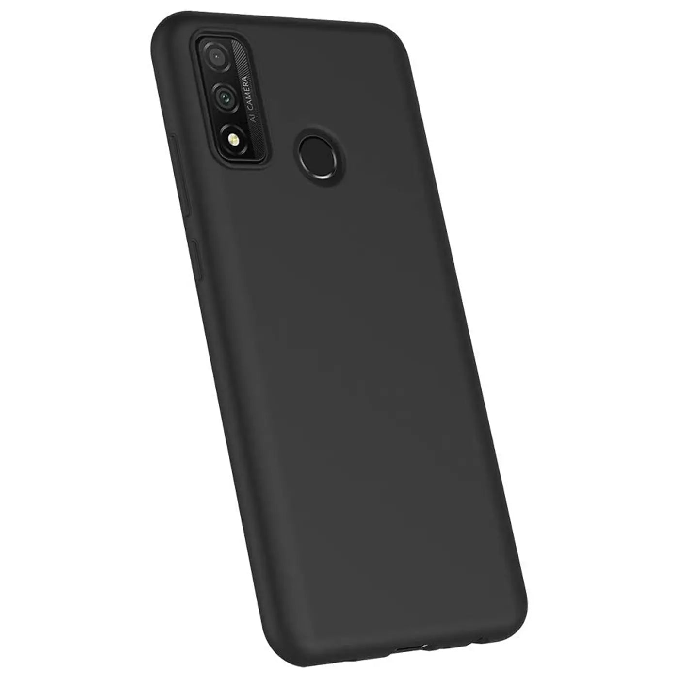 Schwarze, matte Silikonhülle für Huawei P Smart 2020, von schräg hinten gesehen.