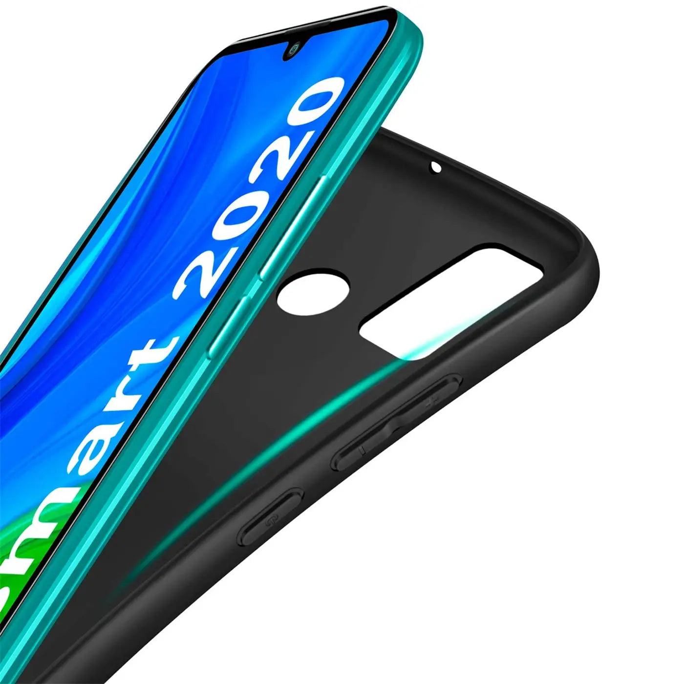 Schwarze Silikonhülle mit Huawei P Smart 2020, von oben, matt.