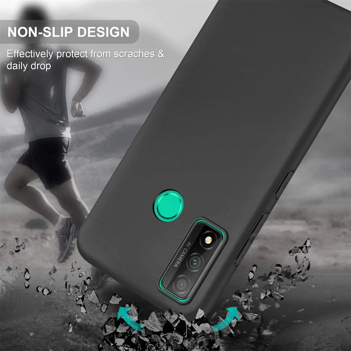 Schwarze Silikonhülle für Huawei P Smart 2020, Rückansicht, matt.