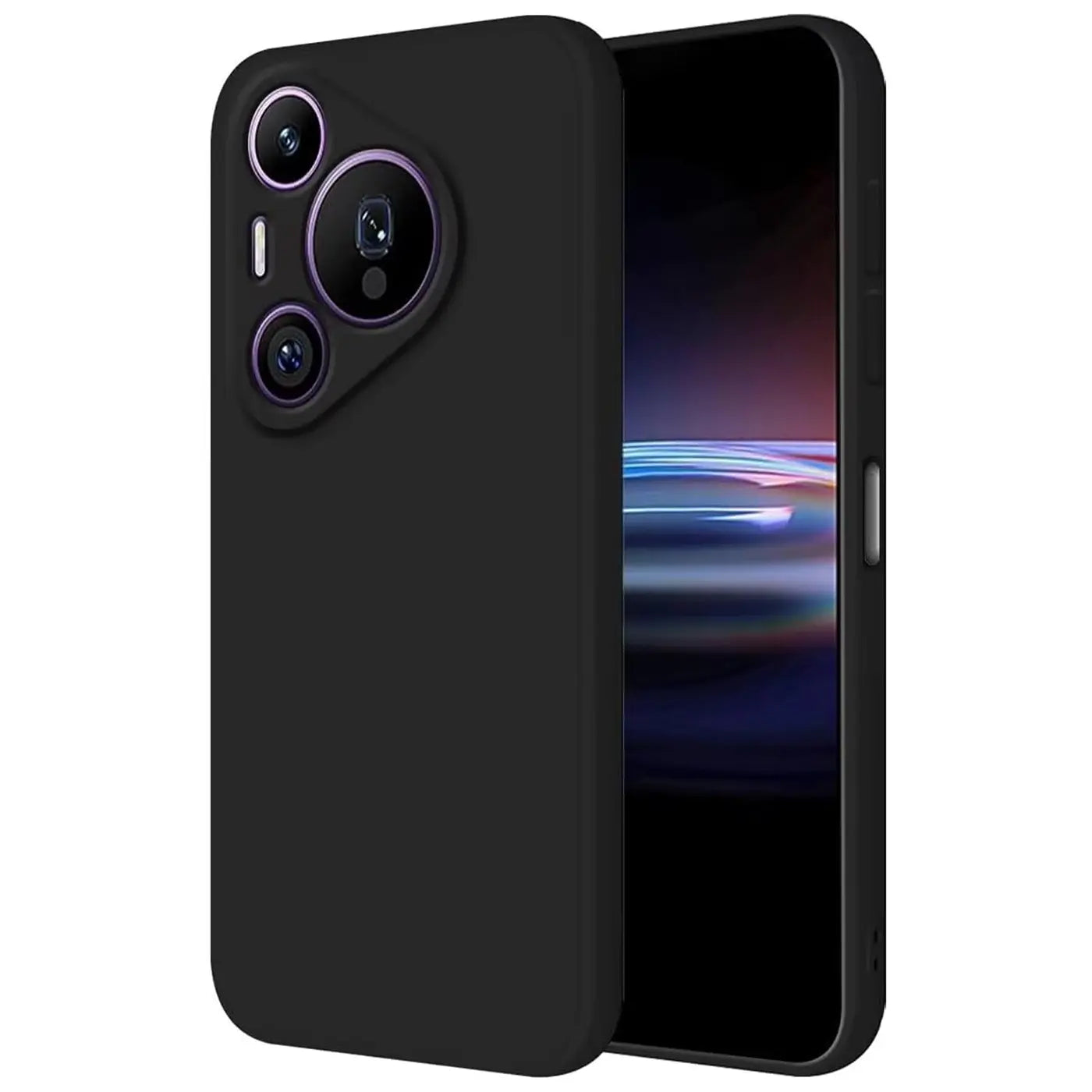 Schwarze Silikonhülle matt auf Huawei Pura 70 Pro, Rückansicht, leicht schräg.