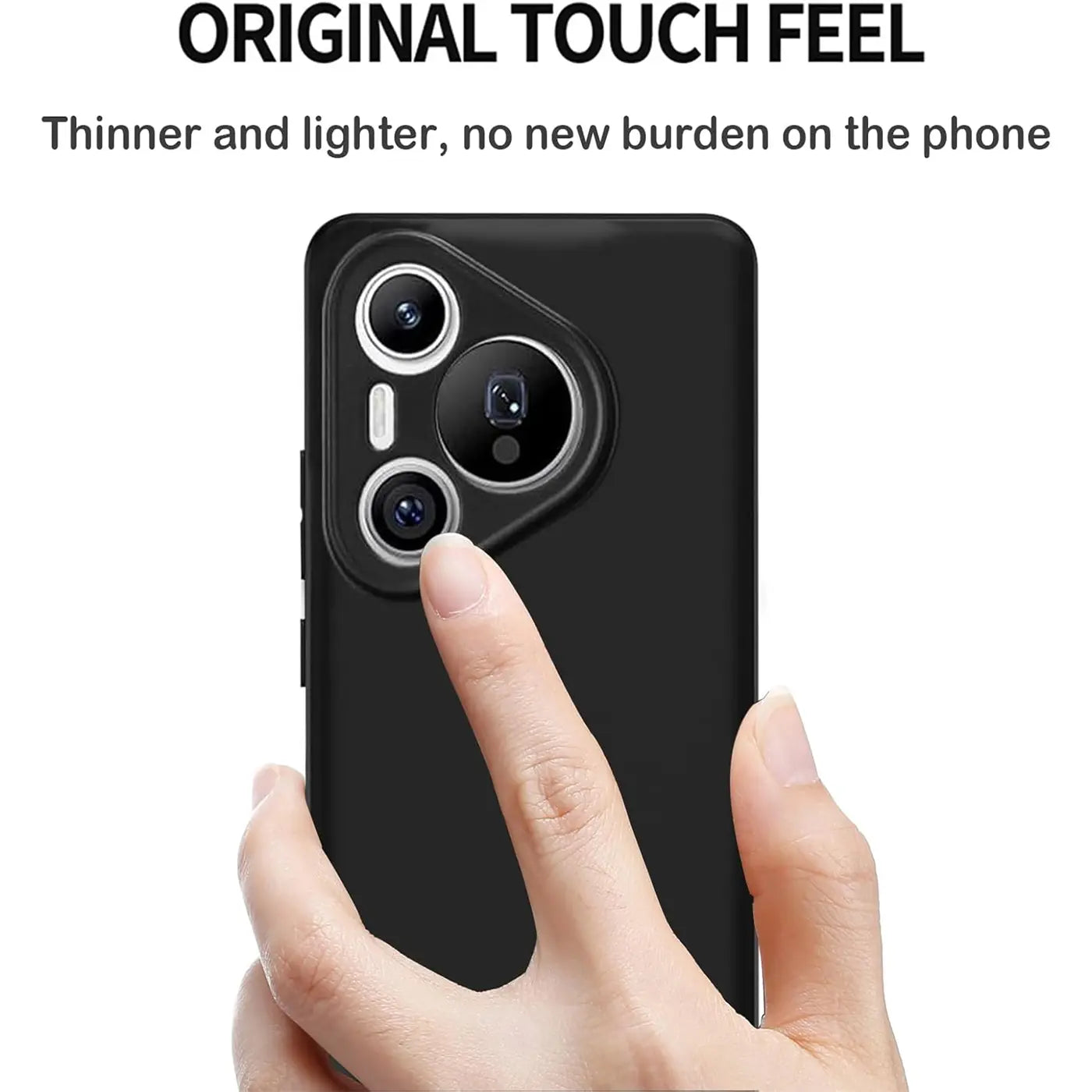 Schwarze Silikonhülle, Rückansicht, Huawei Pura 70 mit Finger auf Kamera
