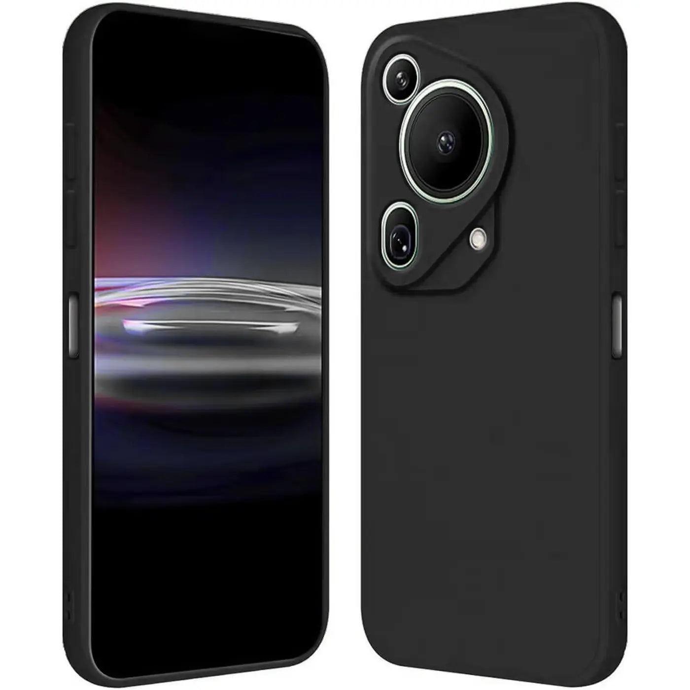 Schwarze Silikonhülle für Huawei Pura 70 Ultra, matt, Rückansicht und Vorderansicht.