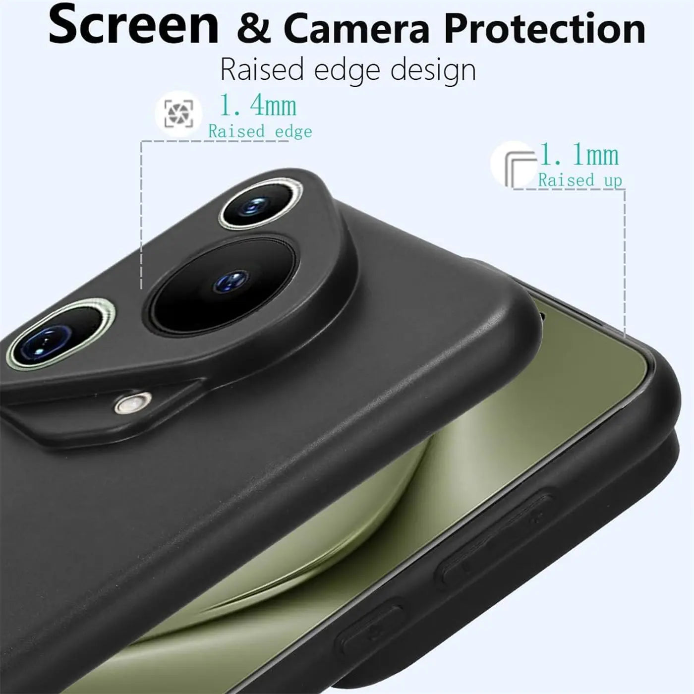 Schwarze Silikonhülle mit erhöhter Kante schützt Kamera und Display eines Smartphones.