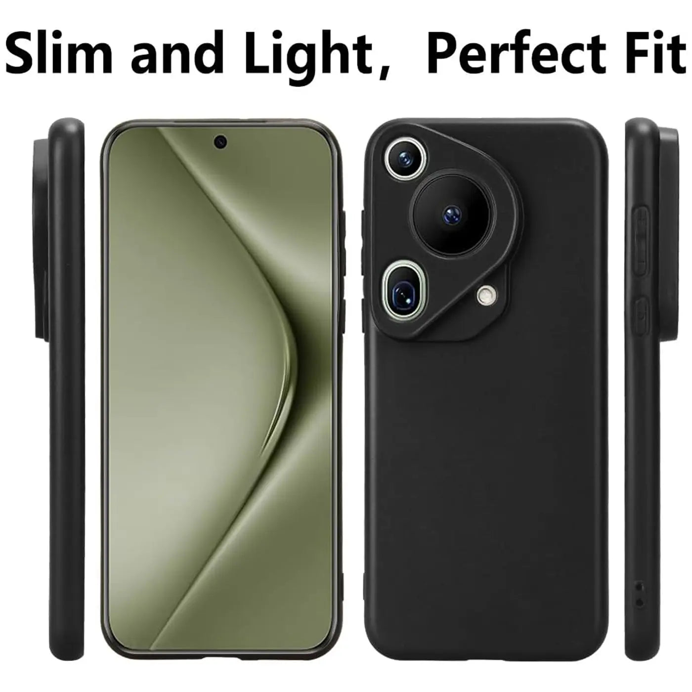 Schwarze Silikonhülle matt, von vorne, hinten und Seite gezeigt, für Huawei Pura 70 Ultra.
