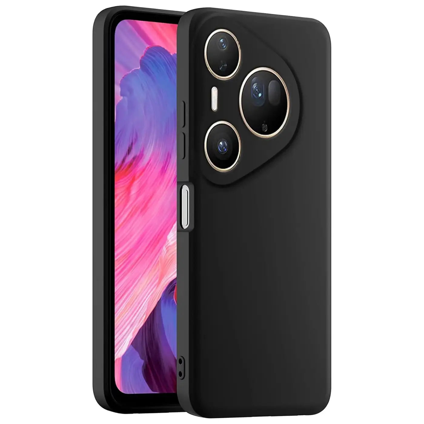 Schwarze Silikonhülle matt, von schräg vorne, zeigt Huawei Pura 80 Ultra mit Kamera.