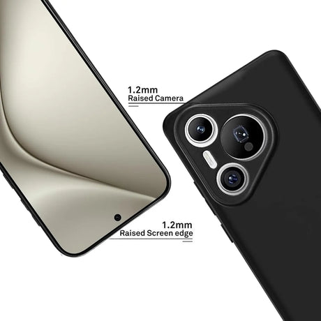 Schwarze Silikonhülle auf Huawei Pura 80 Ultra, Rückansicht, Nahaufnahme.