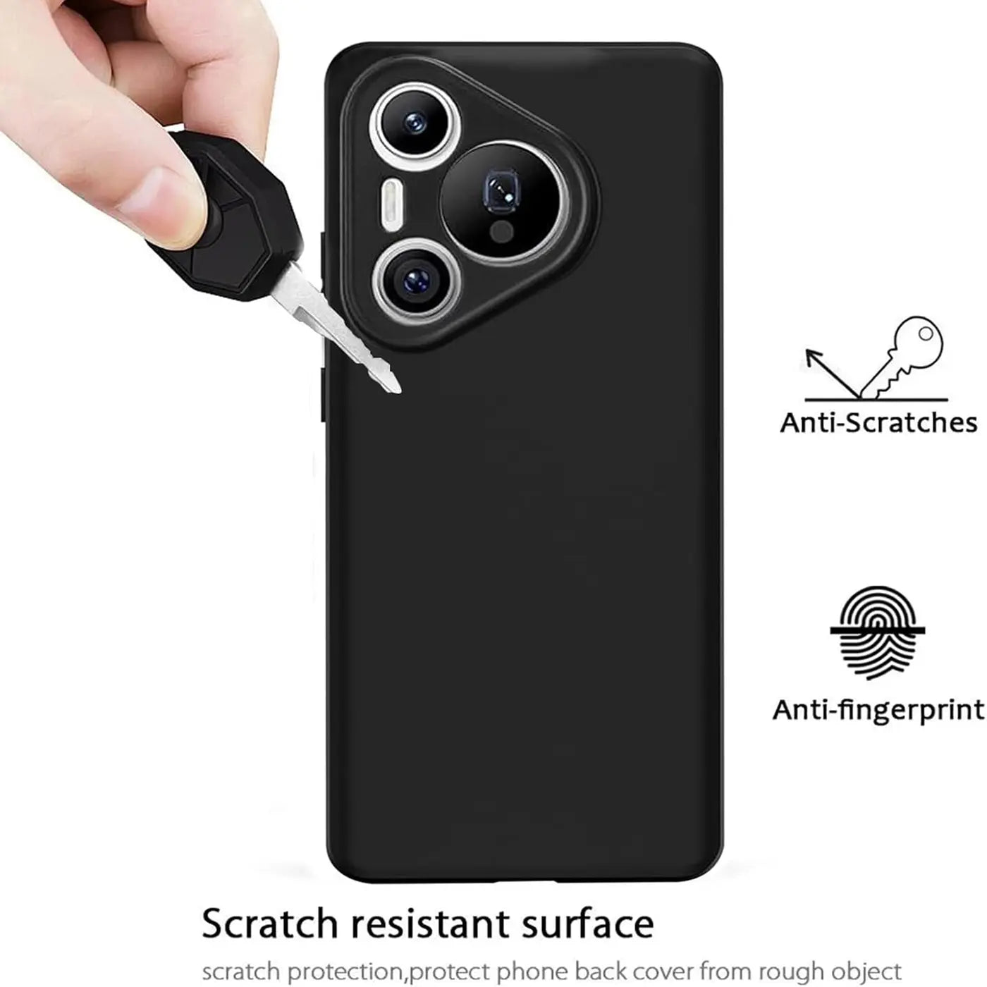 Schwarze matte Silikonhülle, Nahaufnahme, zeigt Kratzfestigkeit am Huawei Pura 80 Ultra.