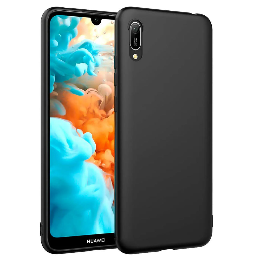 Schwarze, matte Silikonhülle für Huawei Y5 2019, von vorne links gesehen.