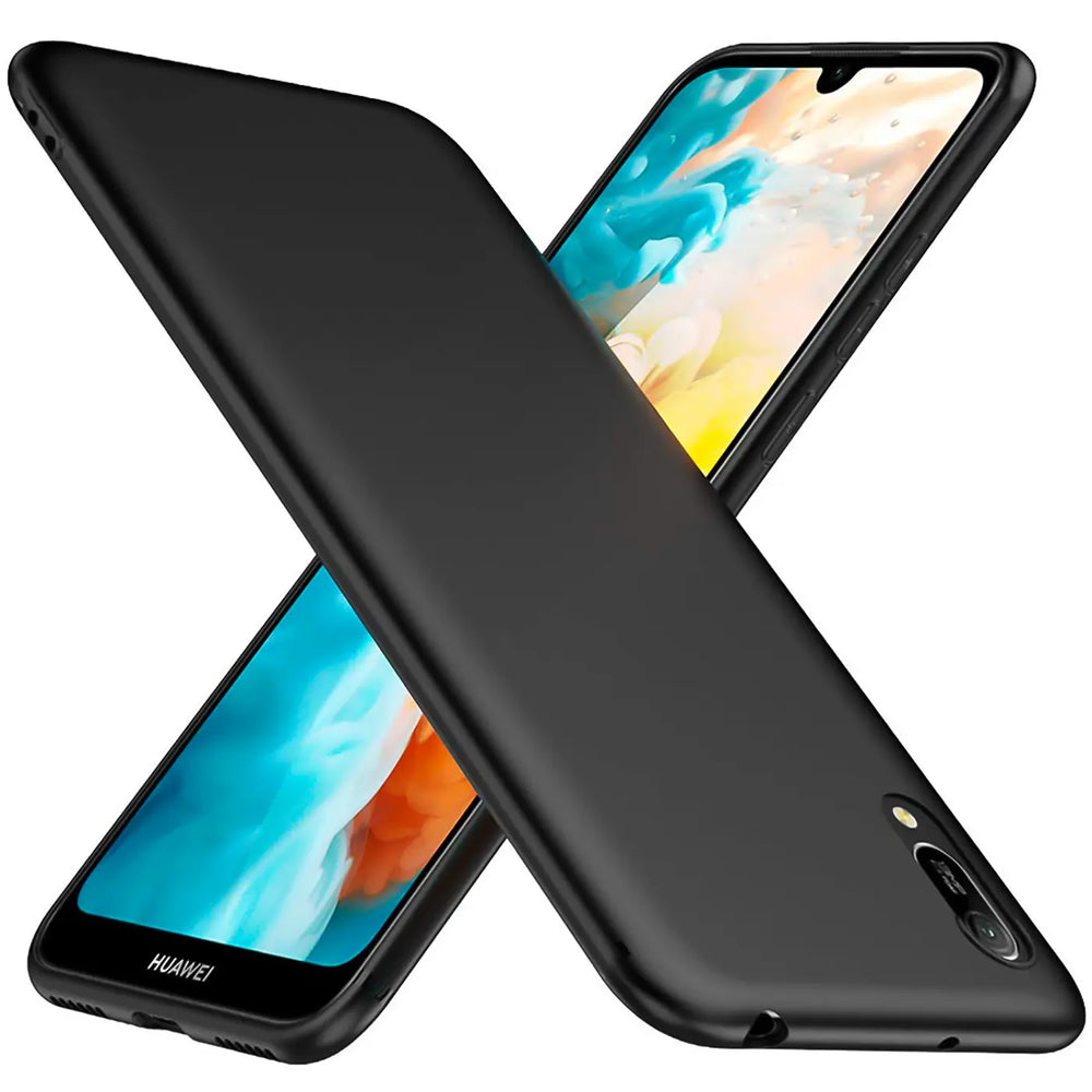 Schwarze matte Silikonhülle auf Huawei Y5 2019, von oben links gesehen.