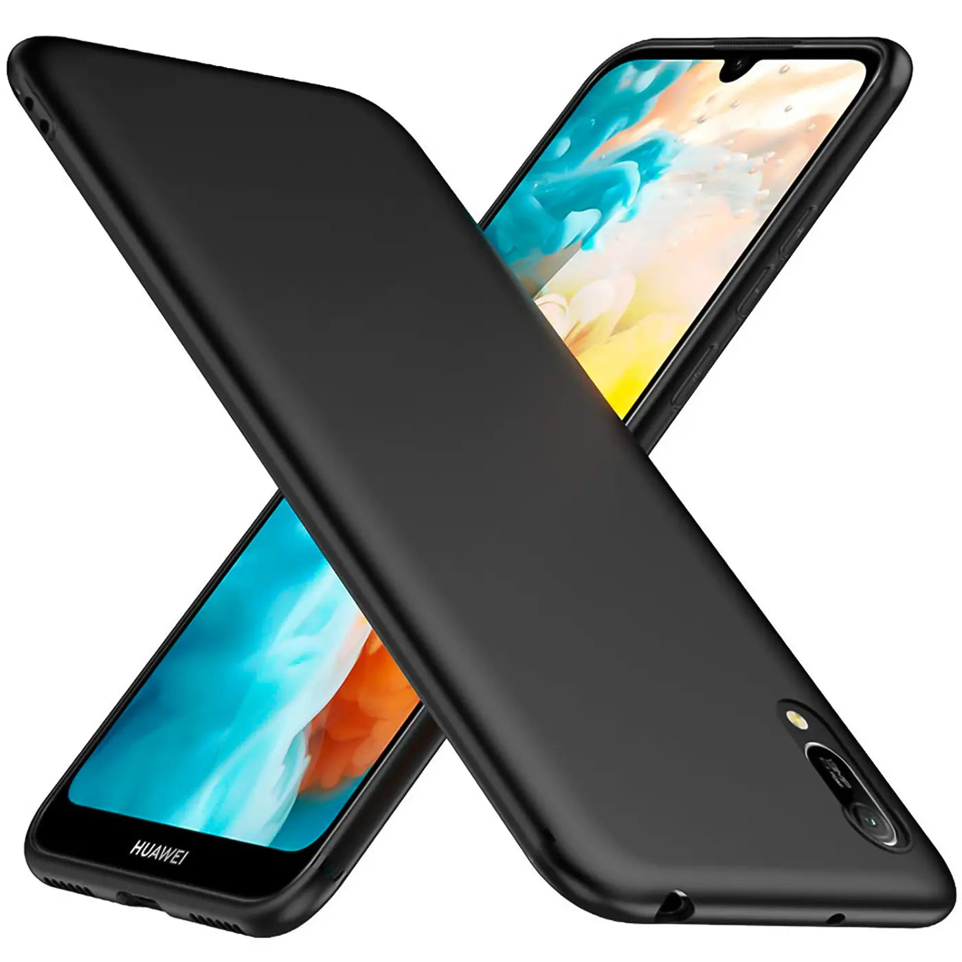 Schwarze matte Silikonhülle auf Huawei Y5 2019, von oben links gesehen.