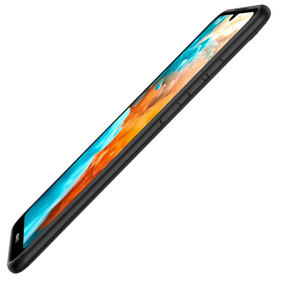 Schwarze Silikonhülle, schräg von oben, zeigt Huawei Y5 2019 mit Display.
