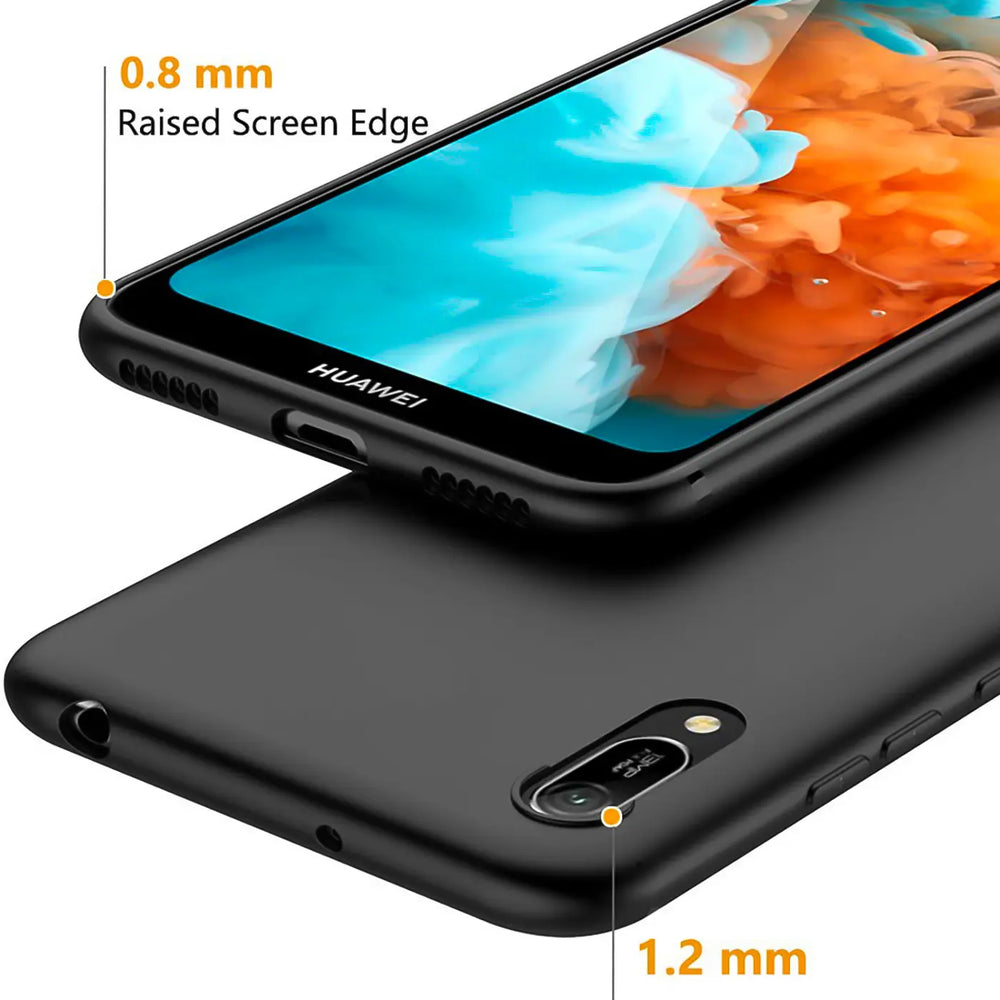 Schwarze matte Silikonhülle für Huawei Y5 2019, von oben/seitlich gezeigt.