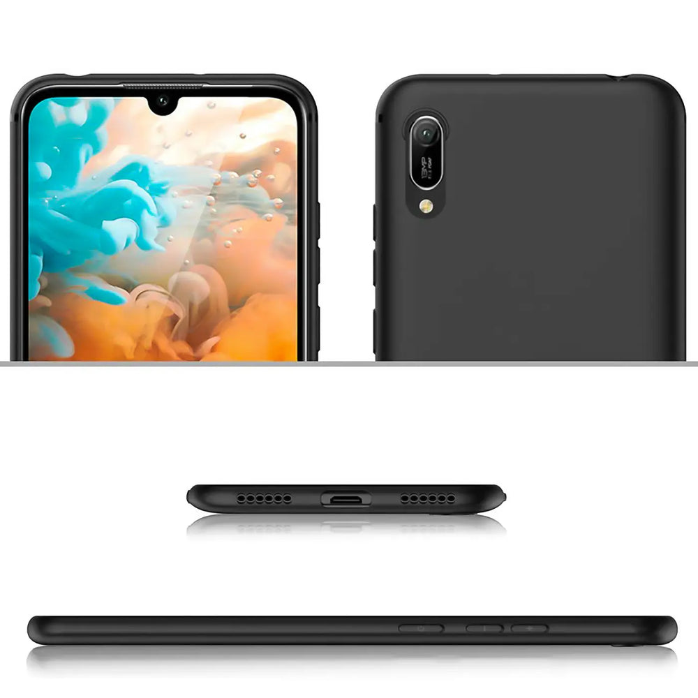 Schwarze matte Silikonhülle für Huawei Y5 2019, Vorder-, Rück-, Unter- und Seitenansicht.