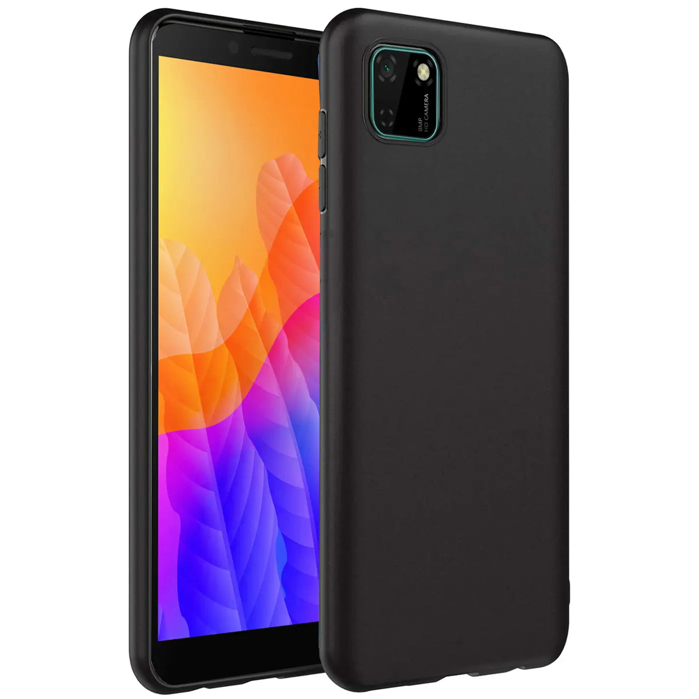 Schwarze Silikonhülle für Huawei Y5P, von vorne/seitlich, matt.