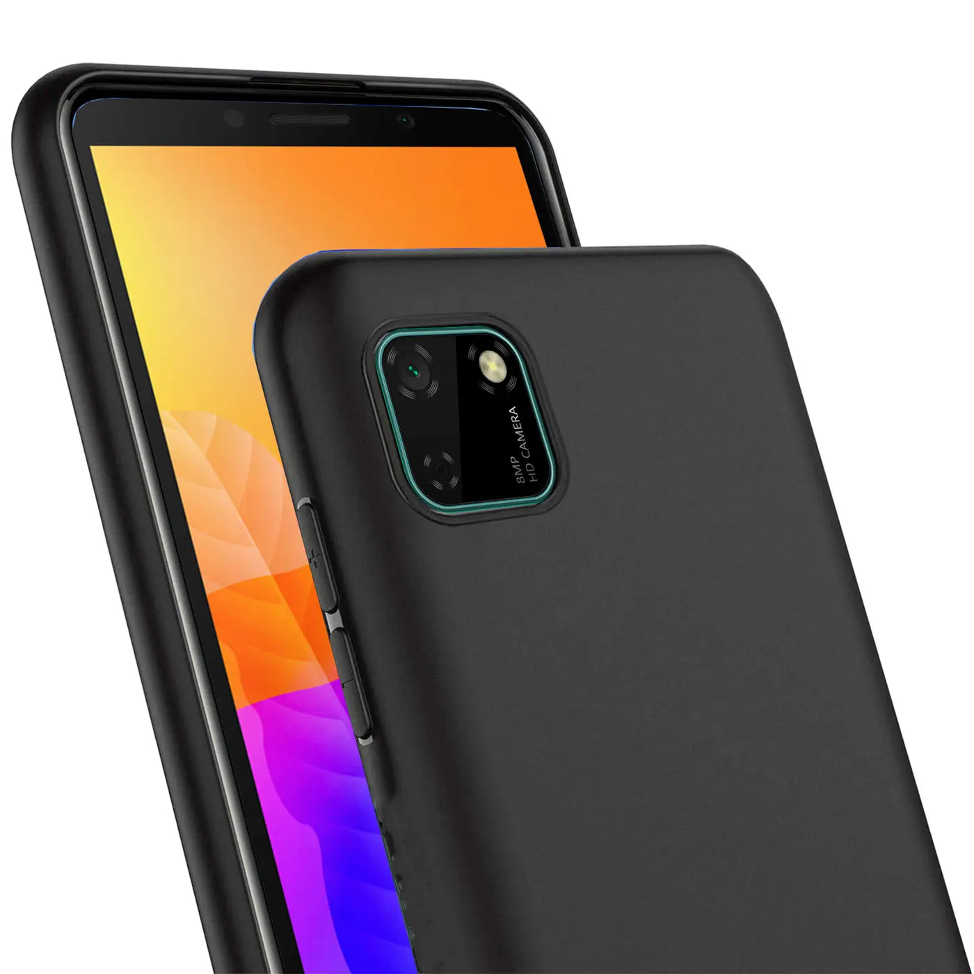 Schwarze matte Silikonhülle auf Huawei Y5P, Rückansicht, Nahaufnahme