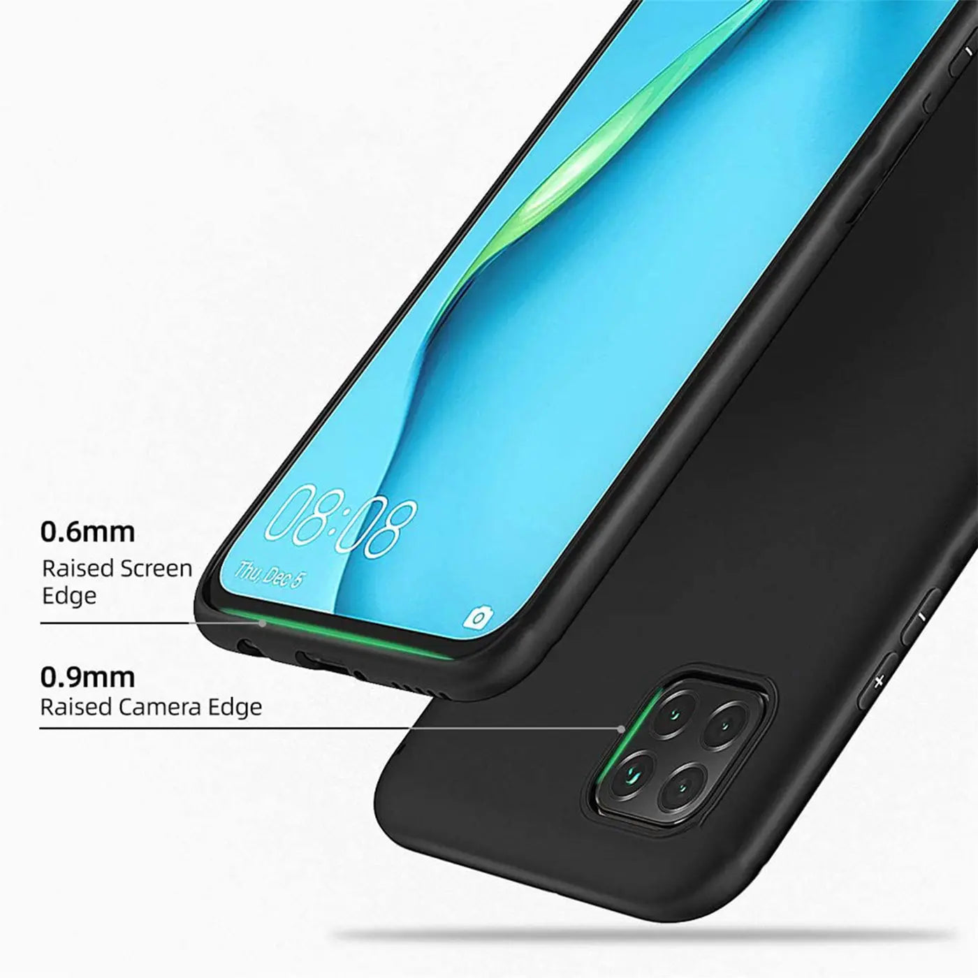 Schwarze Silikonhülle für Huawei Y5P, von schräg oben, mit erhöhten Kanten.