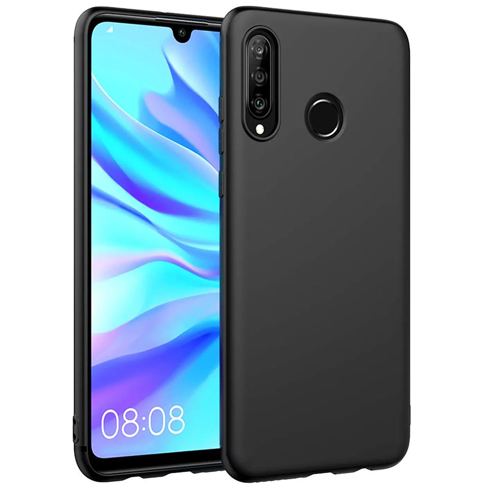 Schwarze Silikonhülle, matt, von vorne links, zeigt Huawei Y6P mit Display.