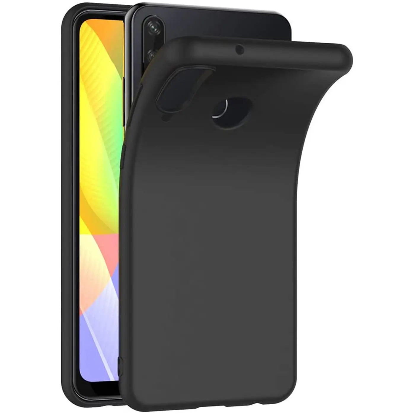 Schwarze, matte Silikonhülle für Huawei Y6P, von vorne, leicht schräg.