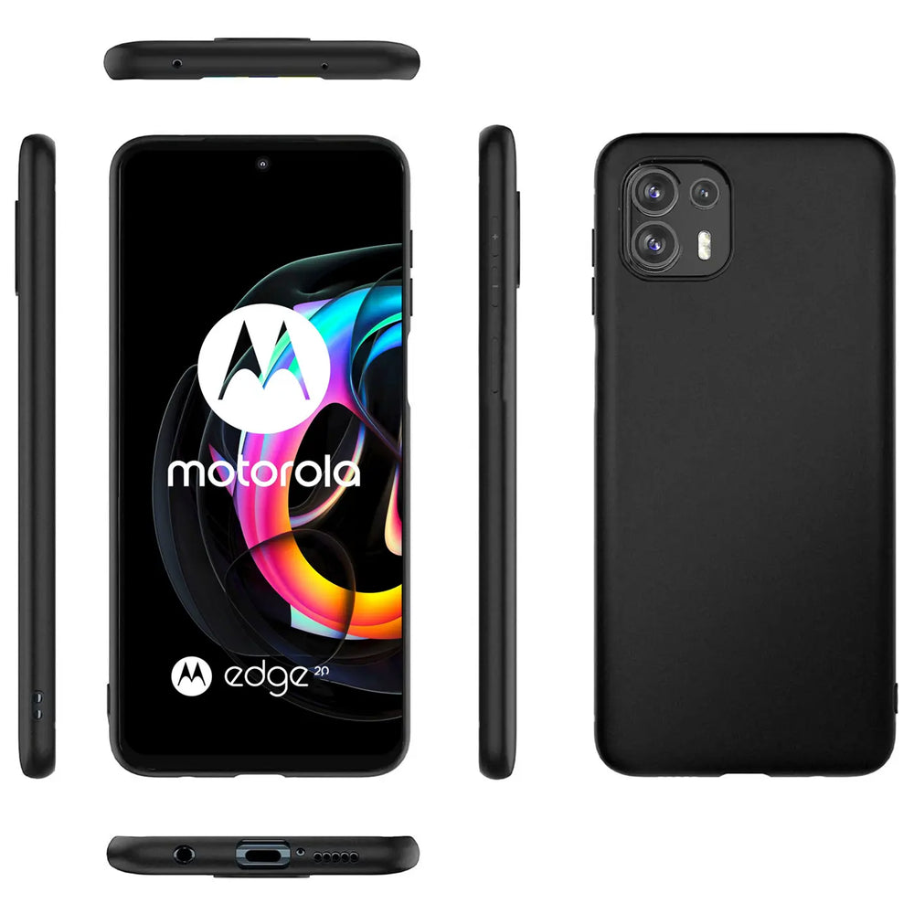 Schwarze Silikonhülle, matt, für Motorola Edge 20 Lite, verschiedene Ansichten.