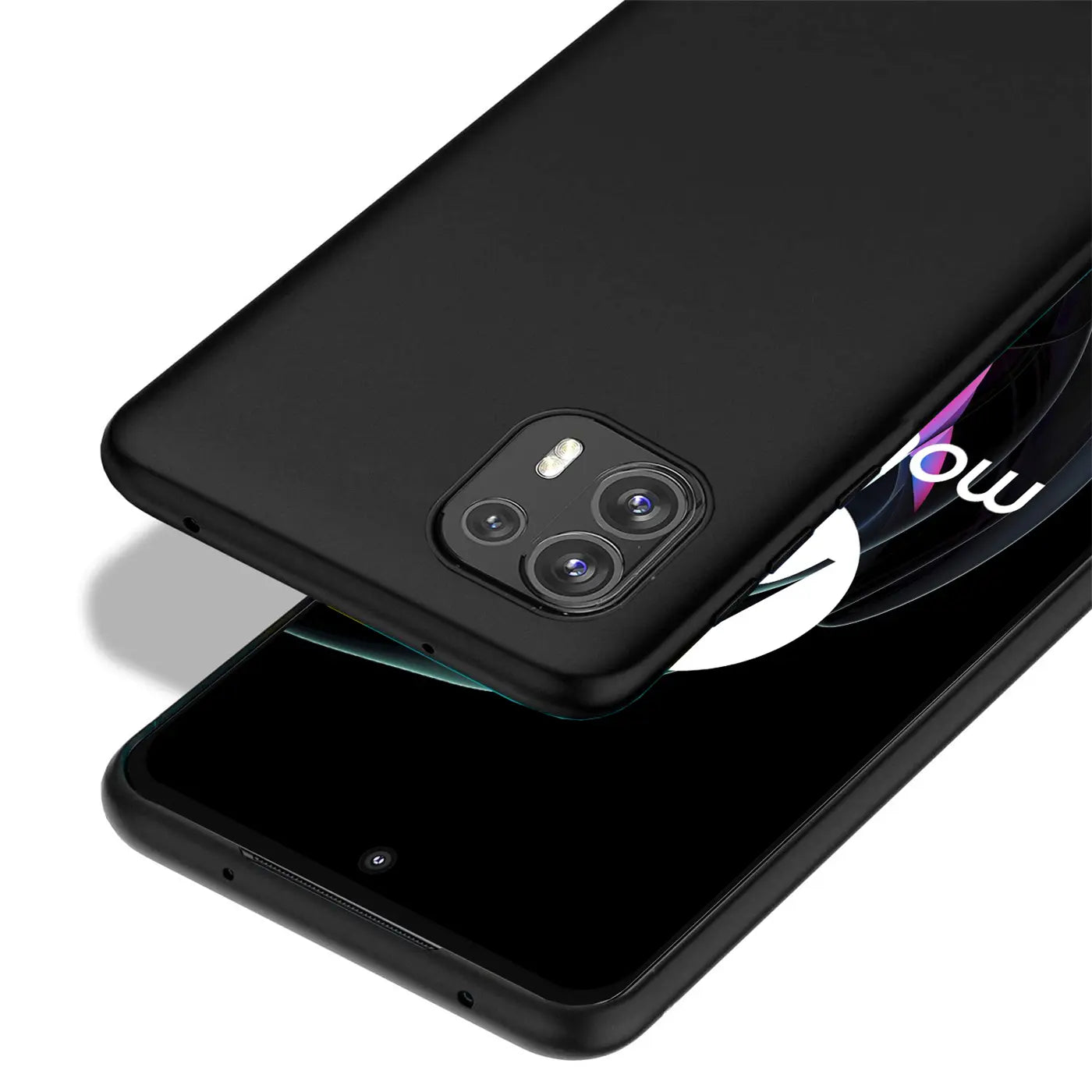Schwarze, matte Silikonhülle für Motorola Edge 20 Lite, von oben/seitlich.