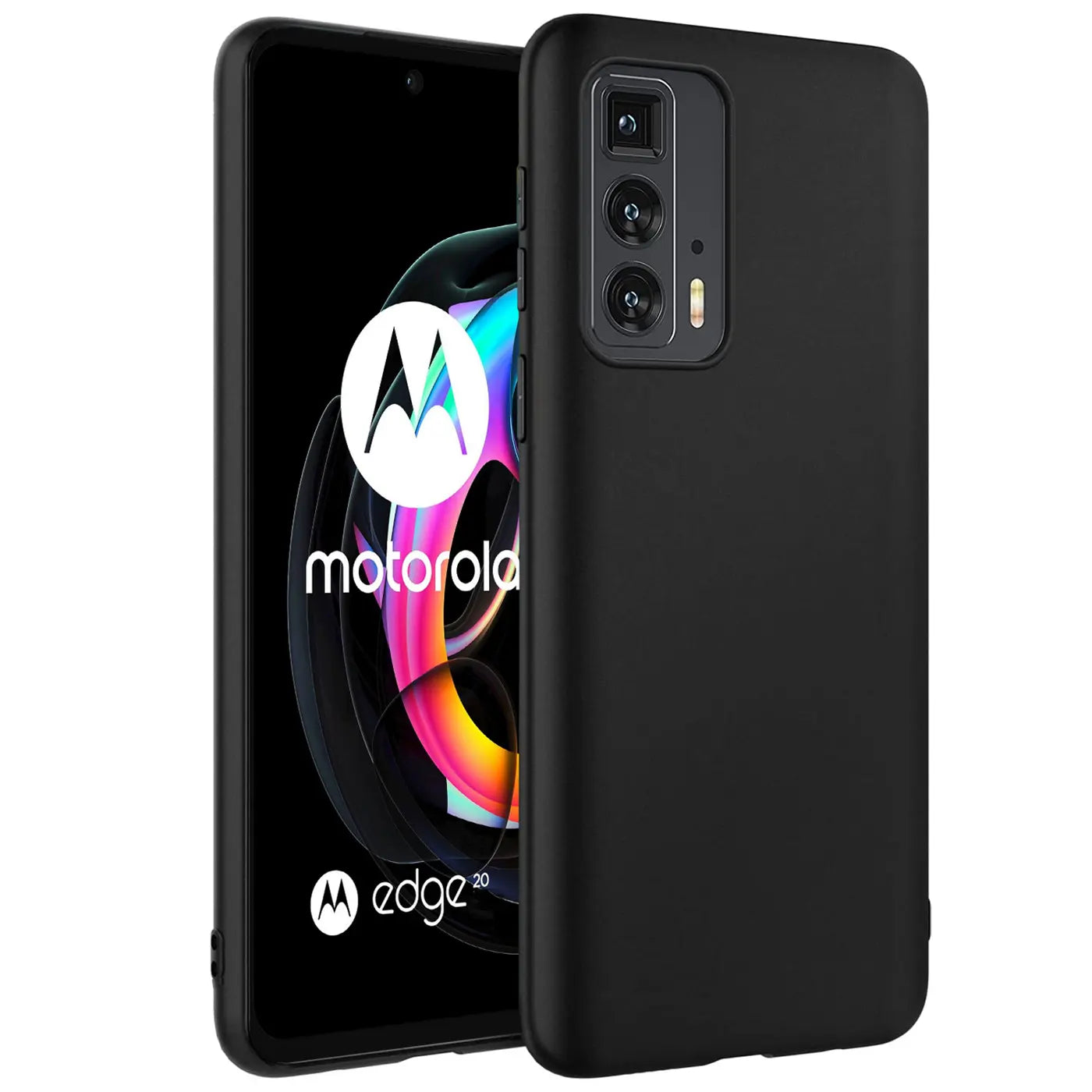 Schwarze Silikonhülle, matt, von vorne links, zeigt Motorola Edge 20 Pro.