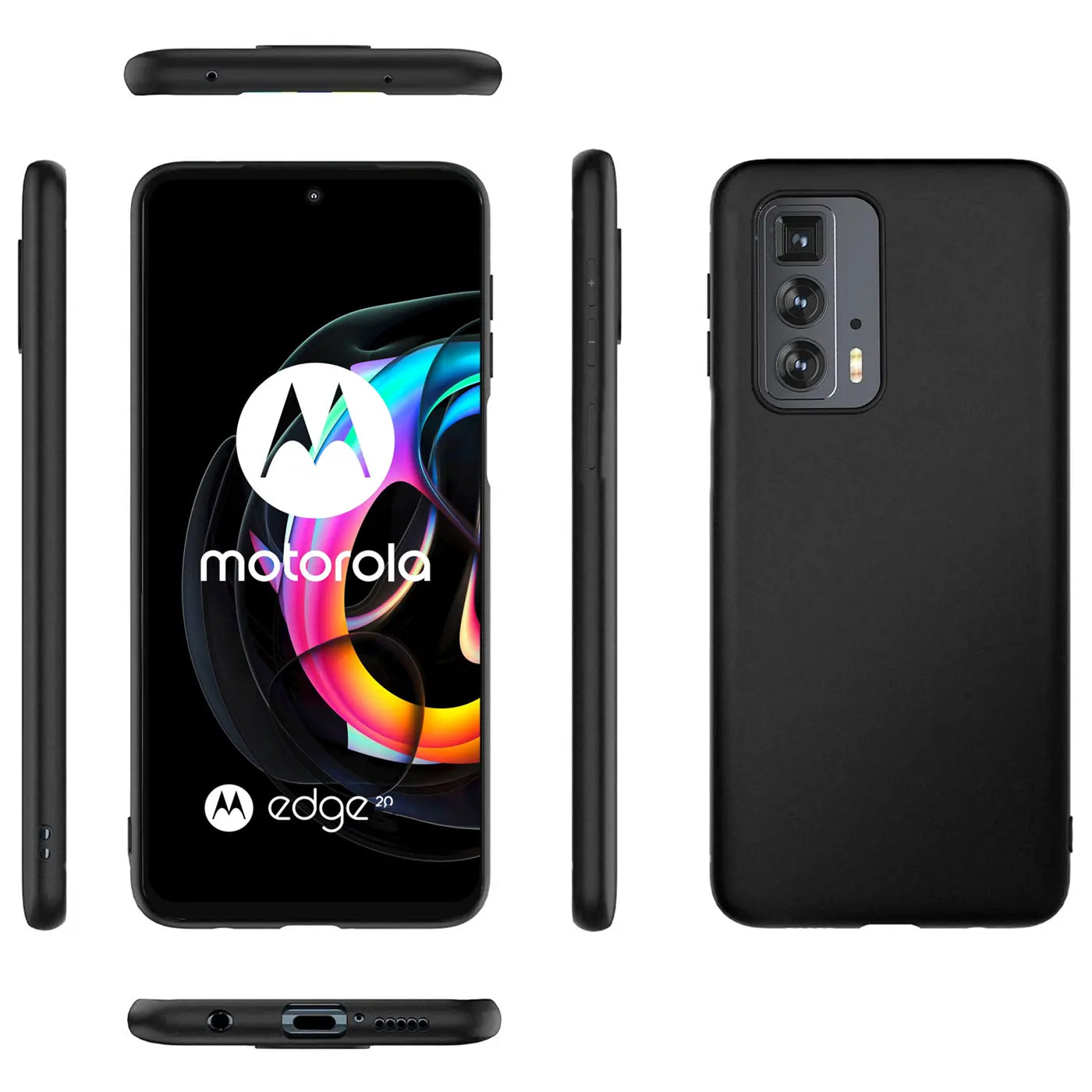Schwarze Silikonhülle, matt, von vorne, Seite, Rückseite, Ober- und Unterseite, für Motorola Edge 20 Pro.