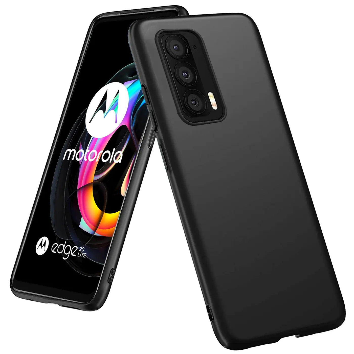 Schwarze, matte Silikonhülle auf einem Motorola Edge 20, Rückansicht.