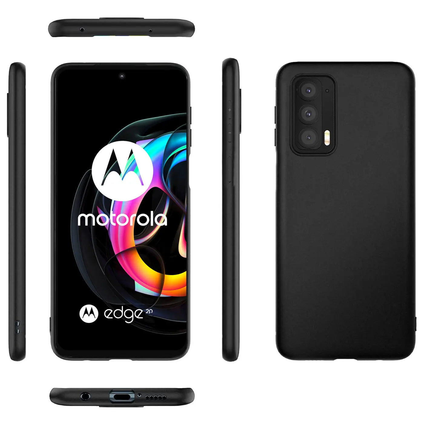 Schwarze Silikonhülle für Motorola Edge 20, von vorne, Seite, Rückseite und unten gezeigt.