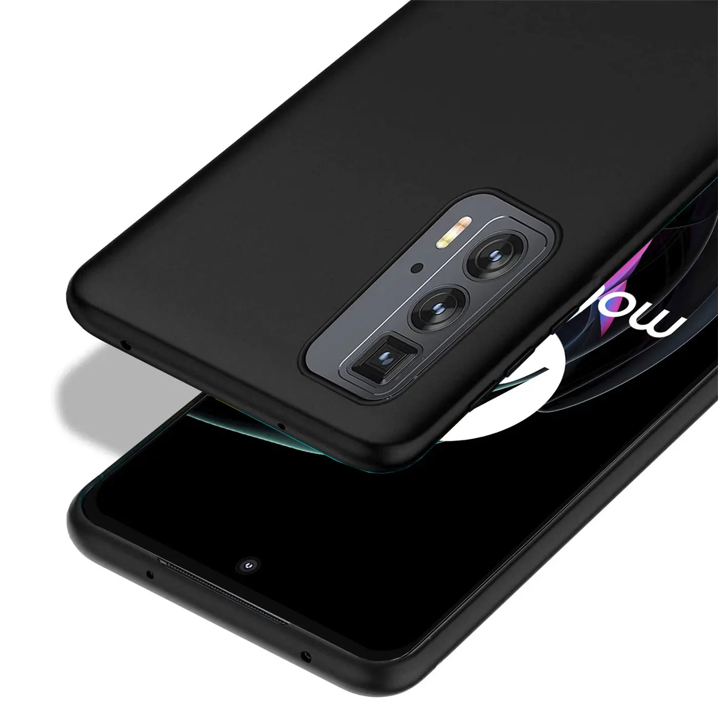 Schwarze, matte Silikonhülle für Motorola Edge 20, von oben fotografiert.