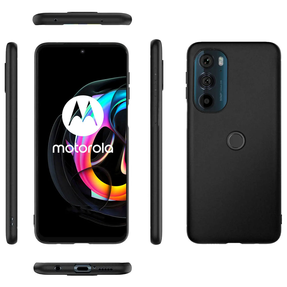 Schwarze Silikonhülle für Motorola Edge 30, matt, verschiedene Ansichten.