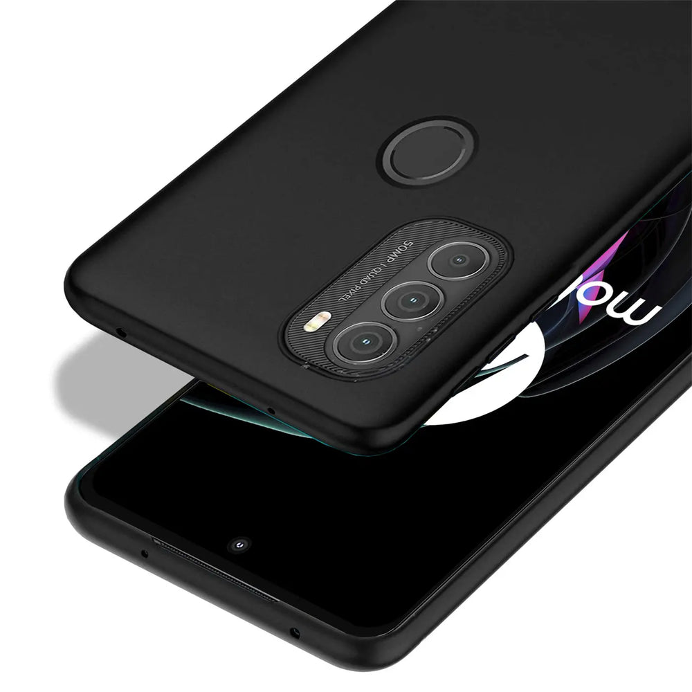 Schwarze Silikonhülle, matt, von oben, Motorola Edge 30 mit Kamera.