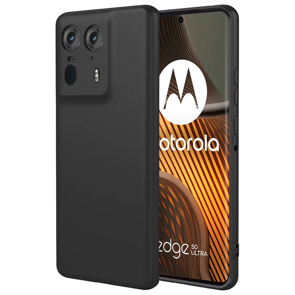 Schwarze matte Silikonhülle auf Motorola Edge 50 Ultra, Seitenansicht.