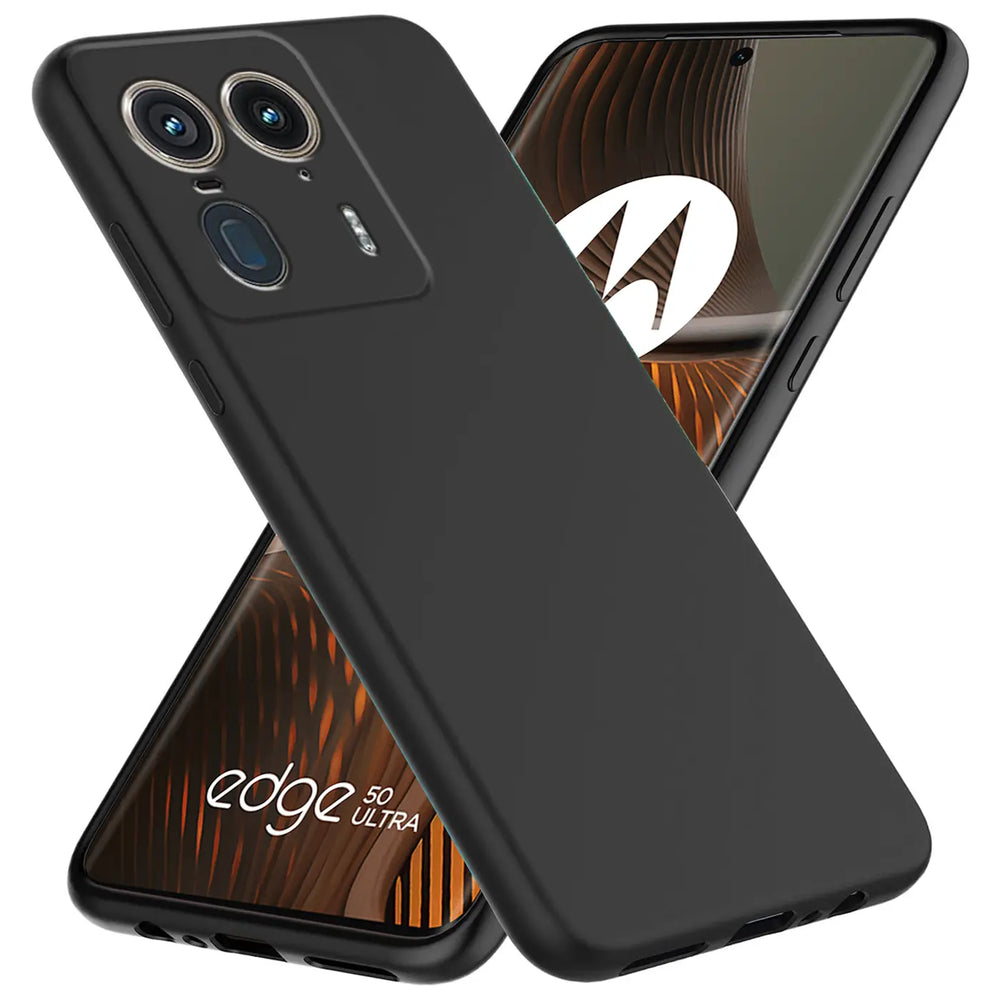 Schwarze matte Silikonhülle auf Motorola Edge 50 Ultra, Seitenansicht.