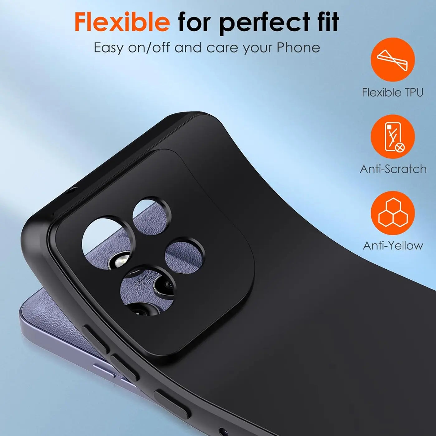 Schwarze, matte Silikonhülle, Nahaufnahme der Rückseite eines Motorola Edge 60 Neo mit Kameraaussparung.