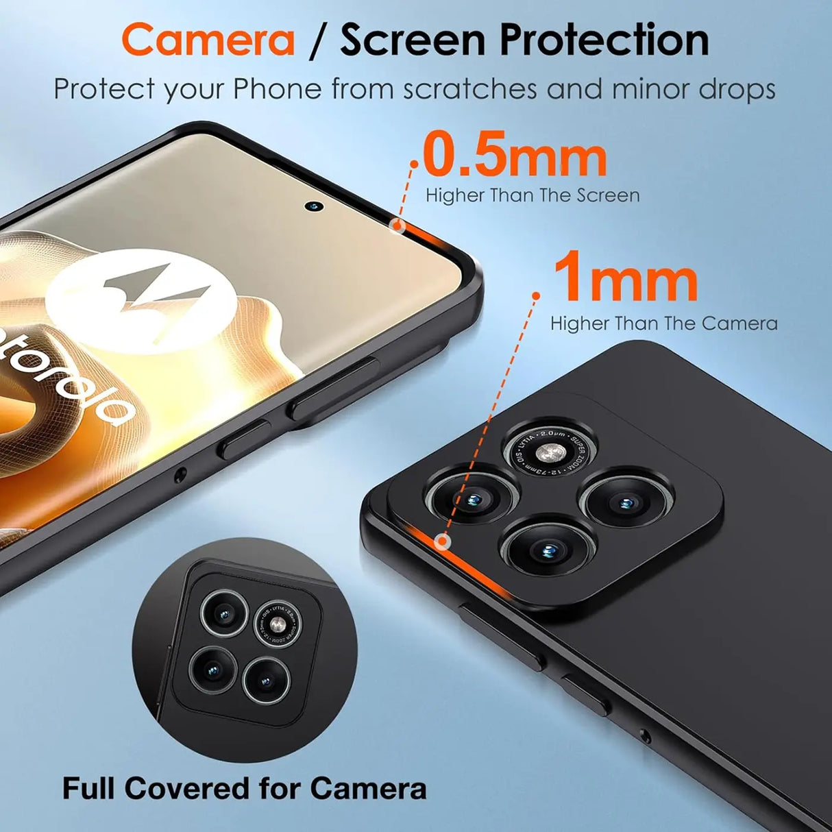 Schwarze Silikonhülle für Motorola Edge 60 Pro, zeigt Schutz von Kamera/Bildschirm.