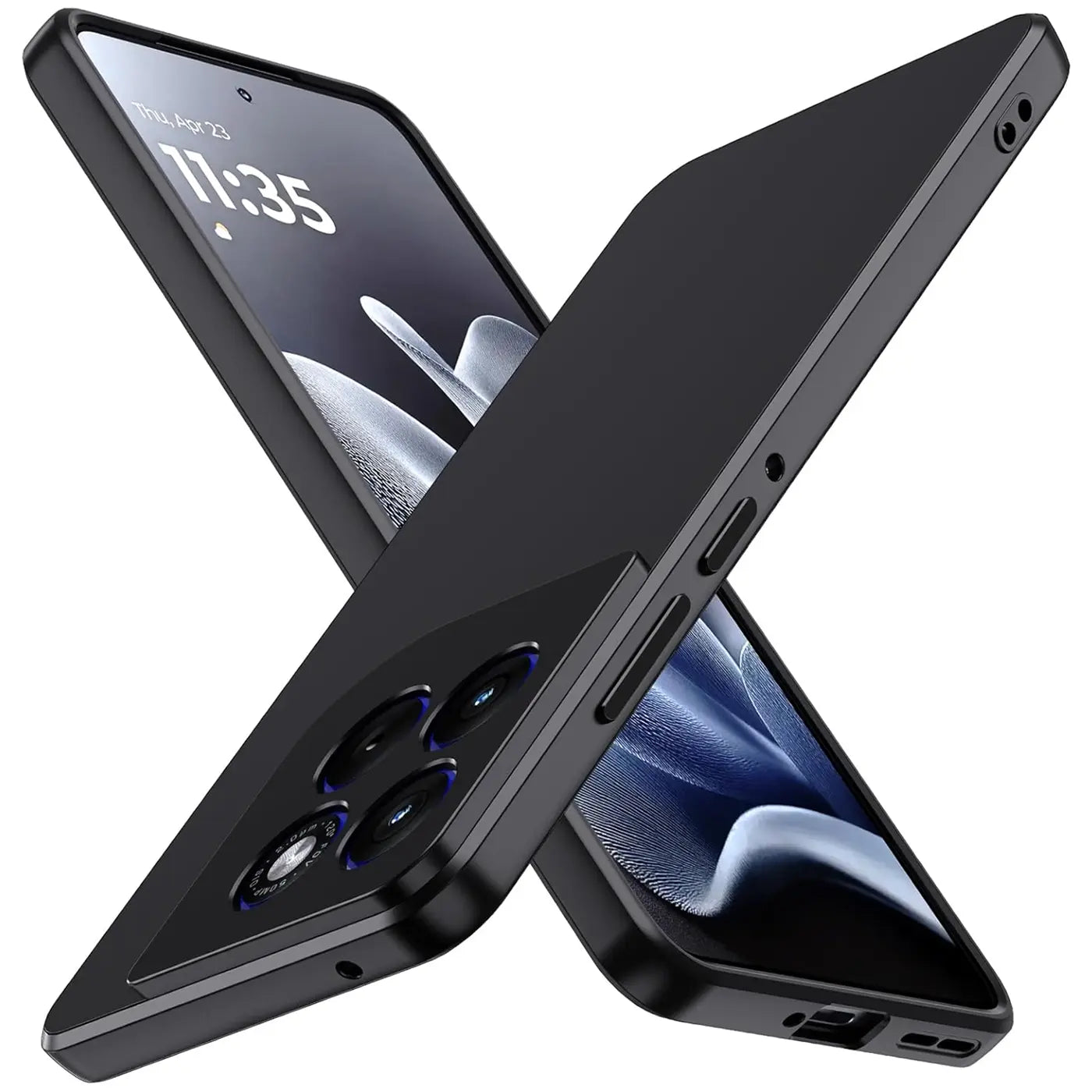 Schwarze matte Silikonhülle für Motorola Edge 70, von schräg oben, mit Kamera-Ausschnitt.