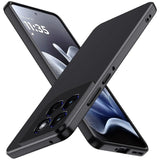Schwarze matte Silikonhülle für Motorola Edge 70, von schräg oben, mit Kamera-Ausschnitt.