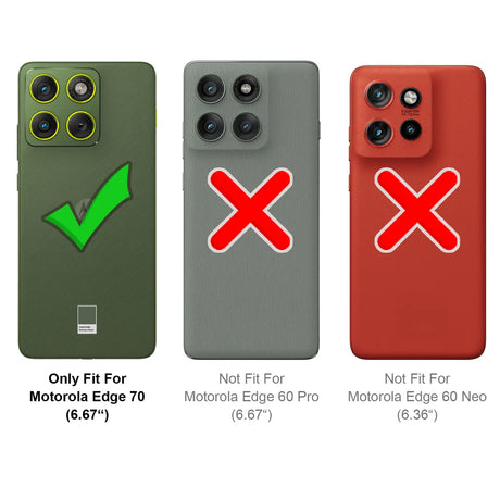 Drei Handy-Rückseiten: links Motorola Edge 70 (grün, Hülle), Mitte/rechts nicht passend (grau/rot, Hülle).