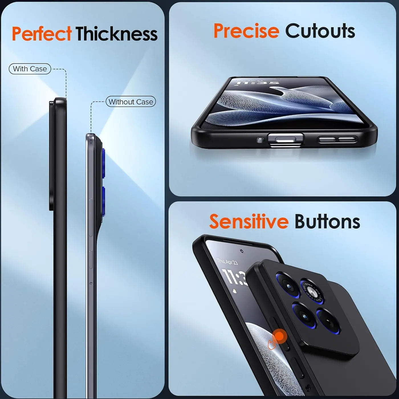 Schwarze Silikonhülle für Motorola Edge 70, Seitenansicht, Nahaufnahme