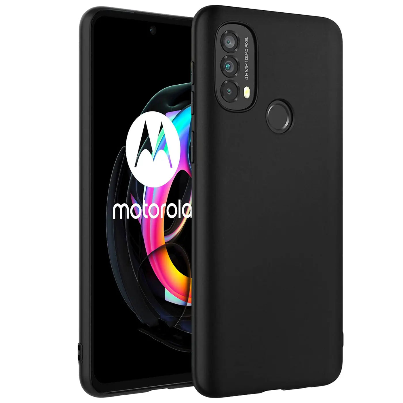 Schwarze Silikonhülle auf einem Motorola Moto E40, Rückansicht, leicht schräg.